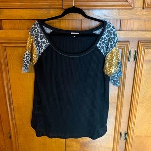 Large Black BiBi Top w/ Gold Sequined and Leopard Print Shoulders